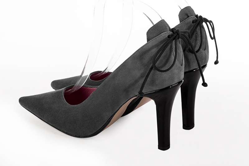 Dark grey women's dress pumps, with a round neckline. Pointed toe. High slim heel. Rear view - Florence KOOIJMAN